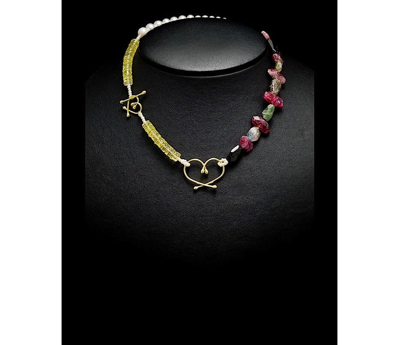 Handcrafted Necklace. Gold k18, White Pearls, Tourmaline and Citrine gems.
