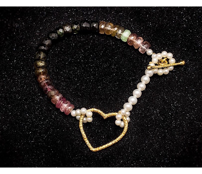 Handcrafted Bracelet, Gold 18k and White Pearls and Tourmaline