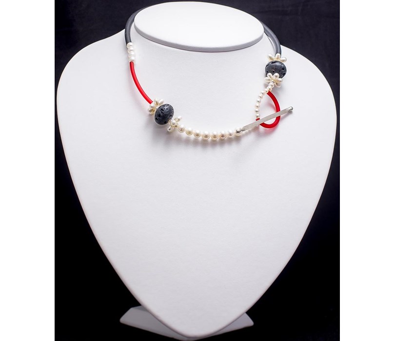 Handcrafted Necklace. White Pearls, Lava &  Sterling Silver .925 Clasp.