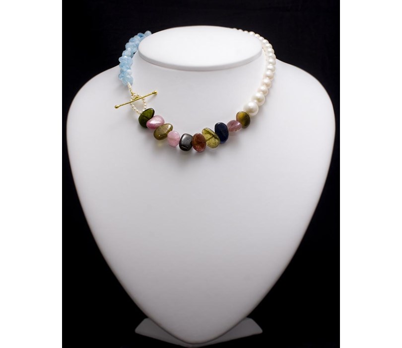 Handcrafted Necklace. Pearls, Tourmaline, Aquamarin, Gold K18
