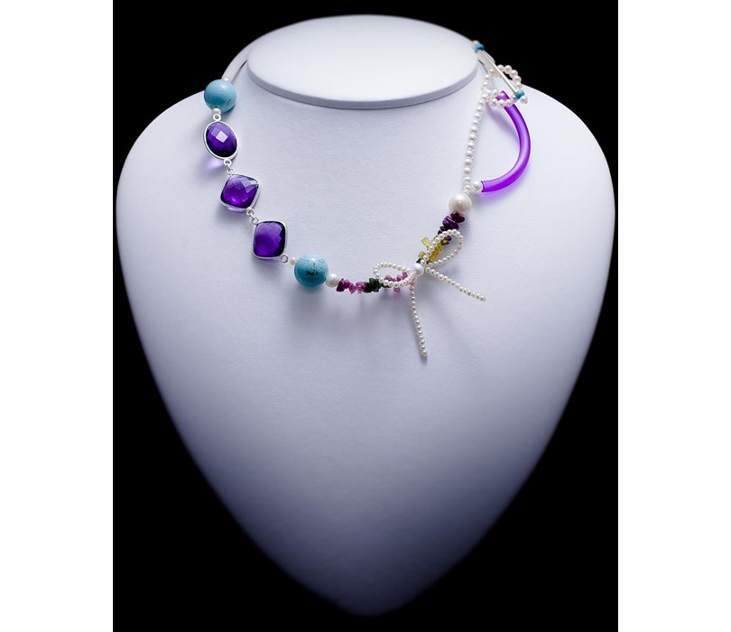 Handcrafted Necklace. Pearls, Tourmaline, Amethyst, Sterling Silver .925