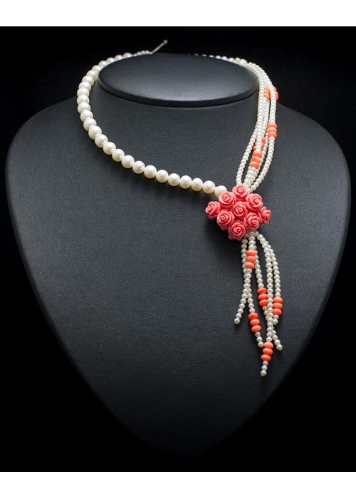 Handmade Necklace, White Pearls, Corall, Sterling Silver Clasp