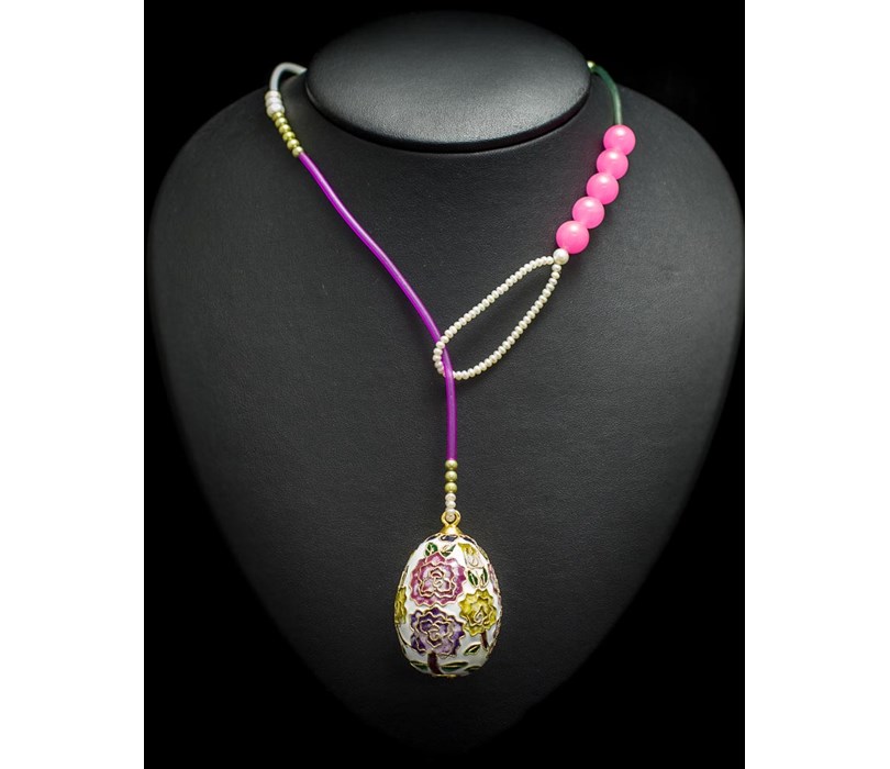 Handcrafted Necklace. White Pearls, Pink Quartz & Cloisonne